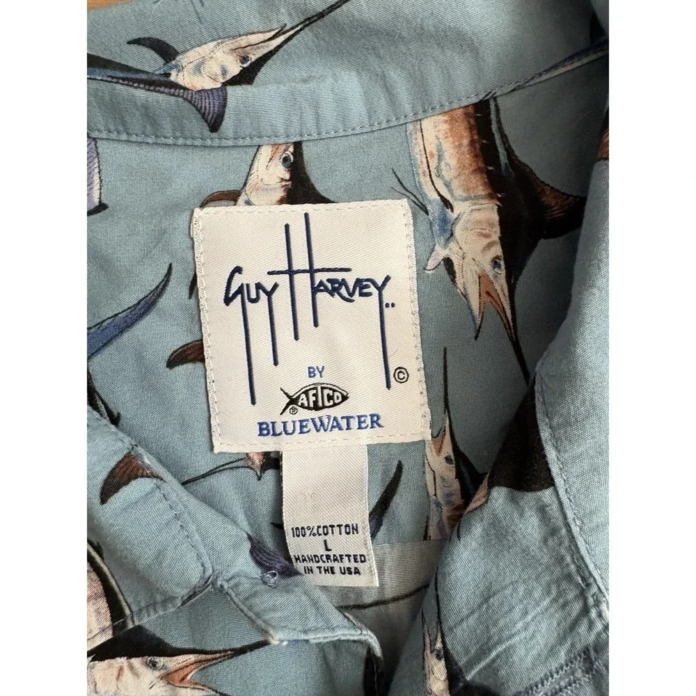 AFTCO‎ Guy Harvey Tropical Fish Print Button Up Short Sleeve Shirt Men's LG Blue